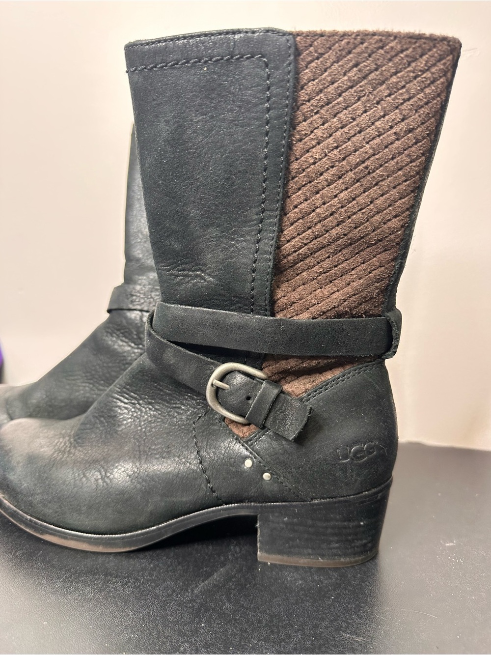 UGG Women's Black and Brown Mid-Calf Leather Boot with Buckle Strap size 8 - Picture 5 of 11